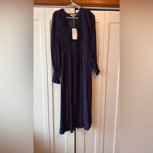 Boden Navy Dress with Red Polka Dot Print, Long Sleeve